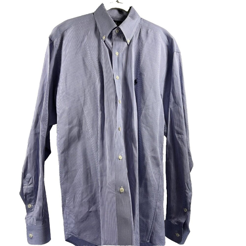 Ralph Lauren Blake Men's Shirt Med Blue Micro Check Button Up Long Sleeve Cotton
